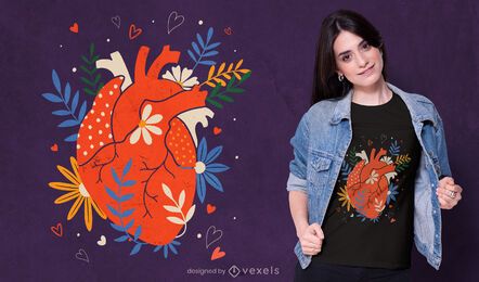 Diseño de camiseta de corazón realista floral