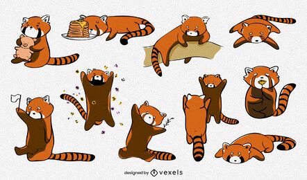 Conjunto de panda vermelho bonito desenhado à mão Conjunto de panda vermelho bonito desenhado à mão