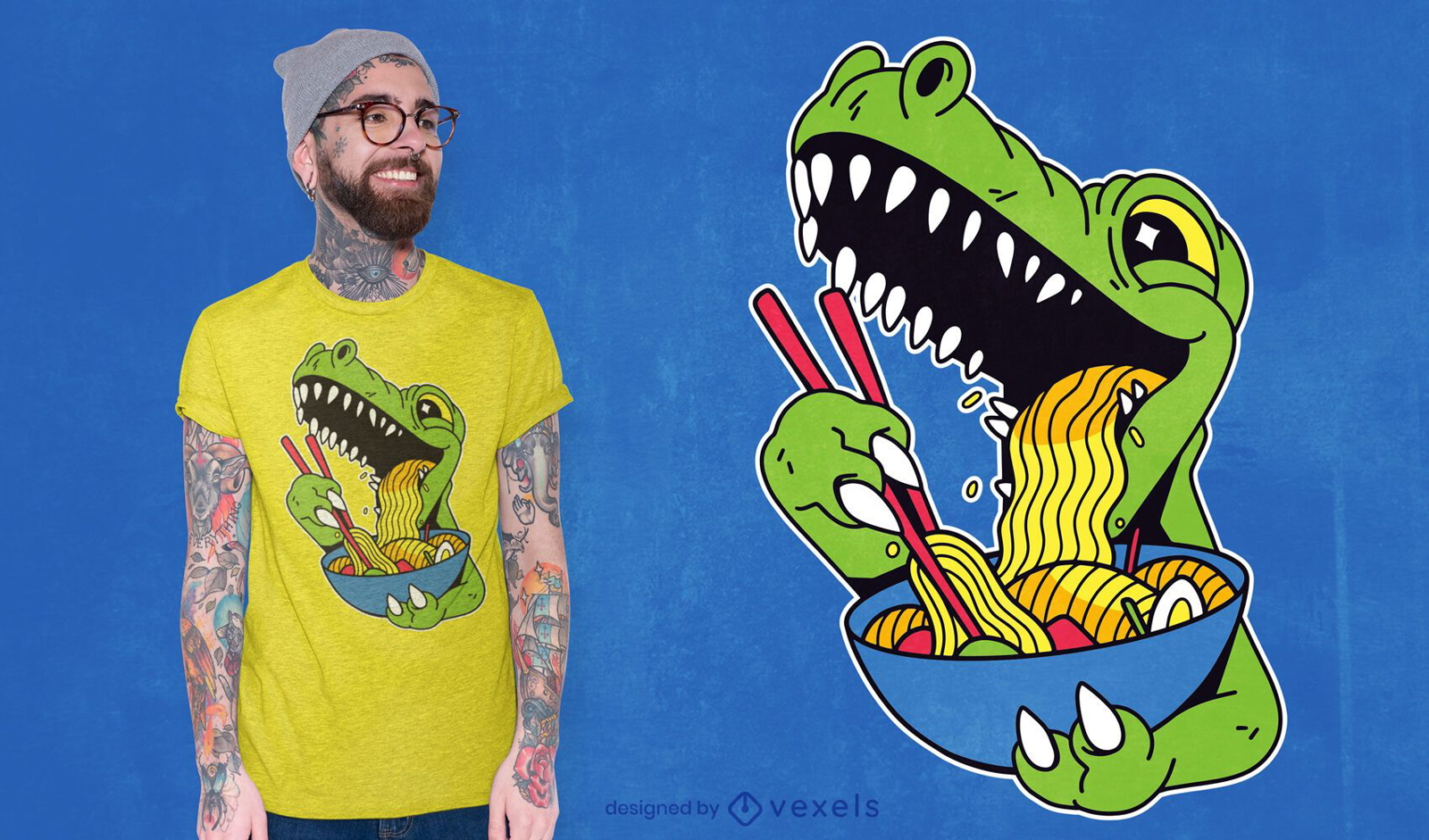 Design de camiseta T-rex comendo ramen