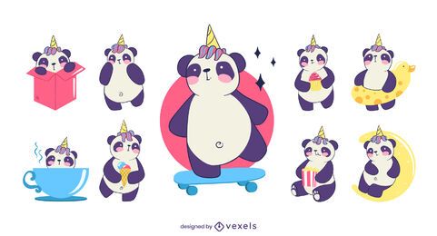 Conjunto de caracteres de unicórnio panda fofo