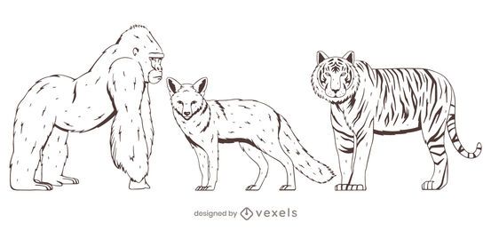 Conjunto de animais desenho desenhado à mão