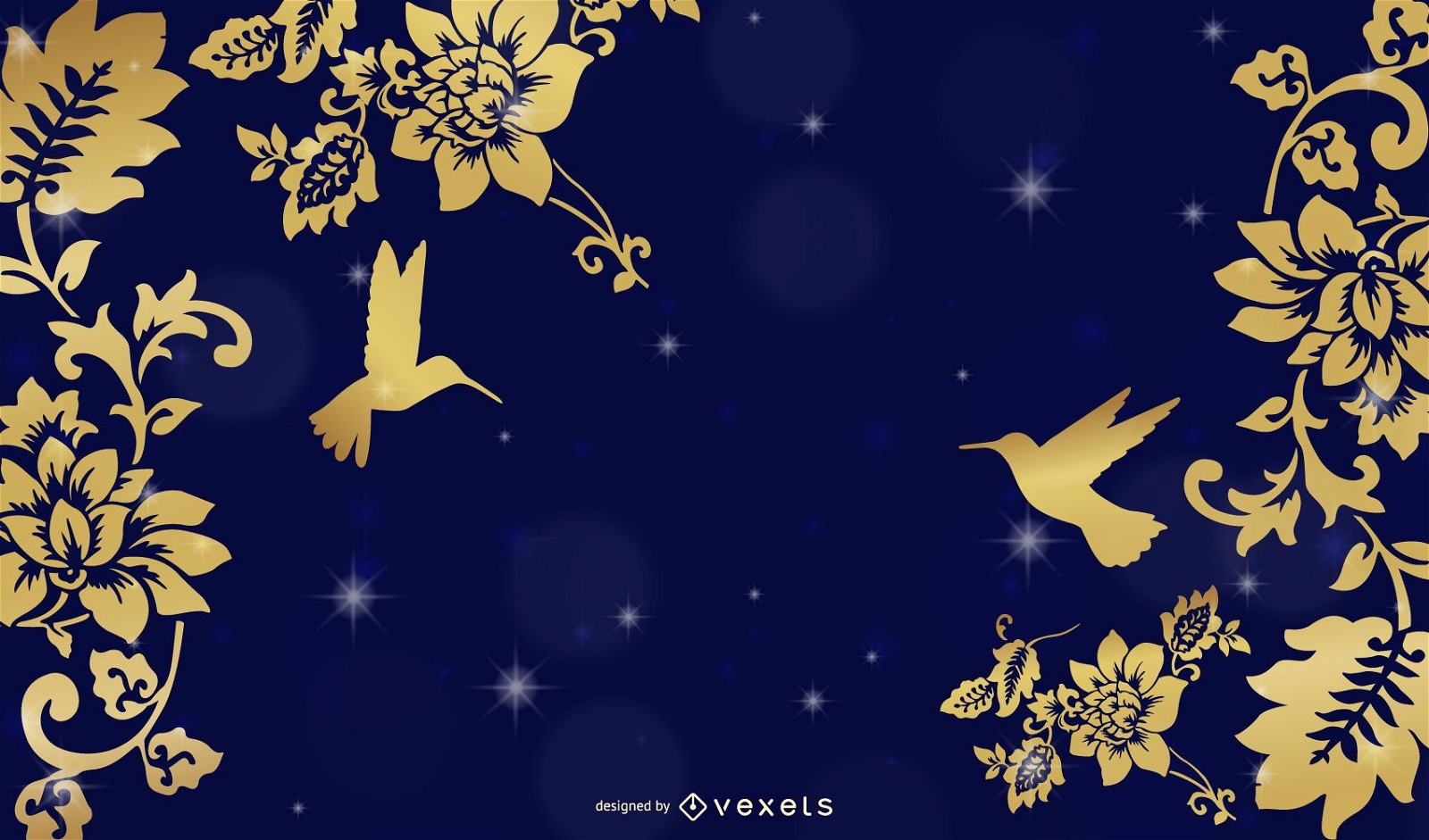 Goldener Blumen- und Vogelhintergrund