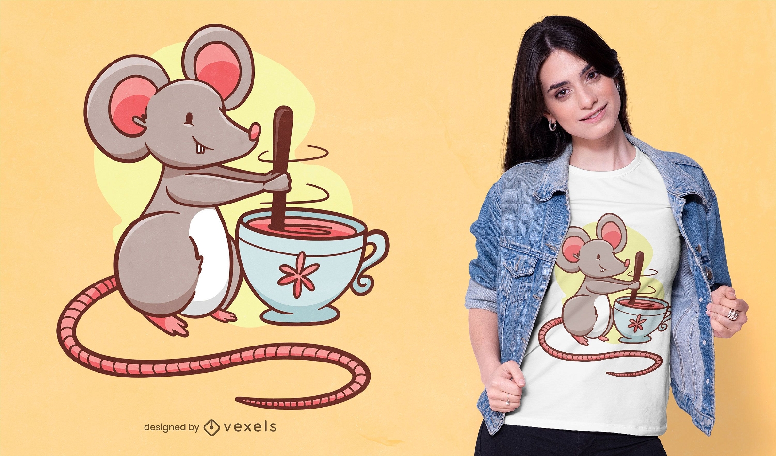 Diseño de camiseta de ratón revolviendo té