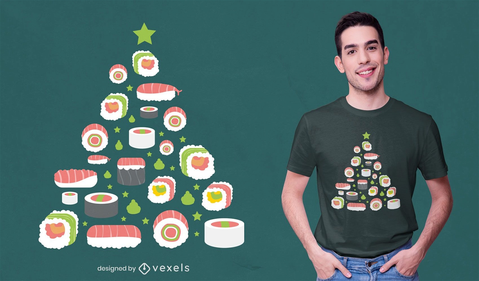 Design de camisetas de árvore de natal de sushi