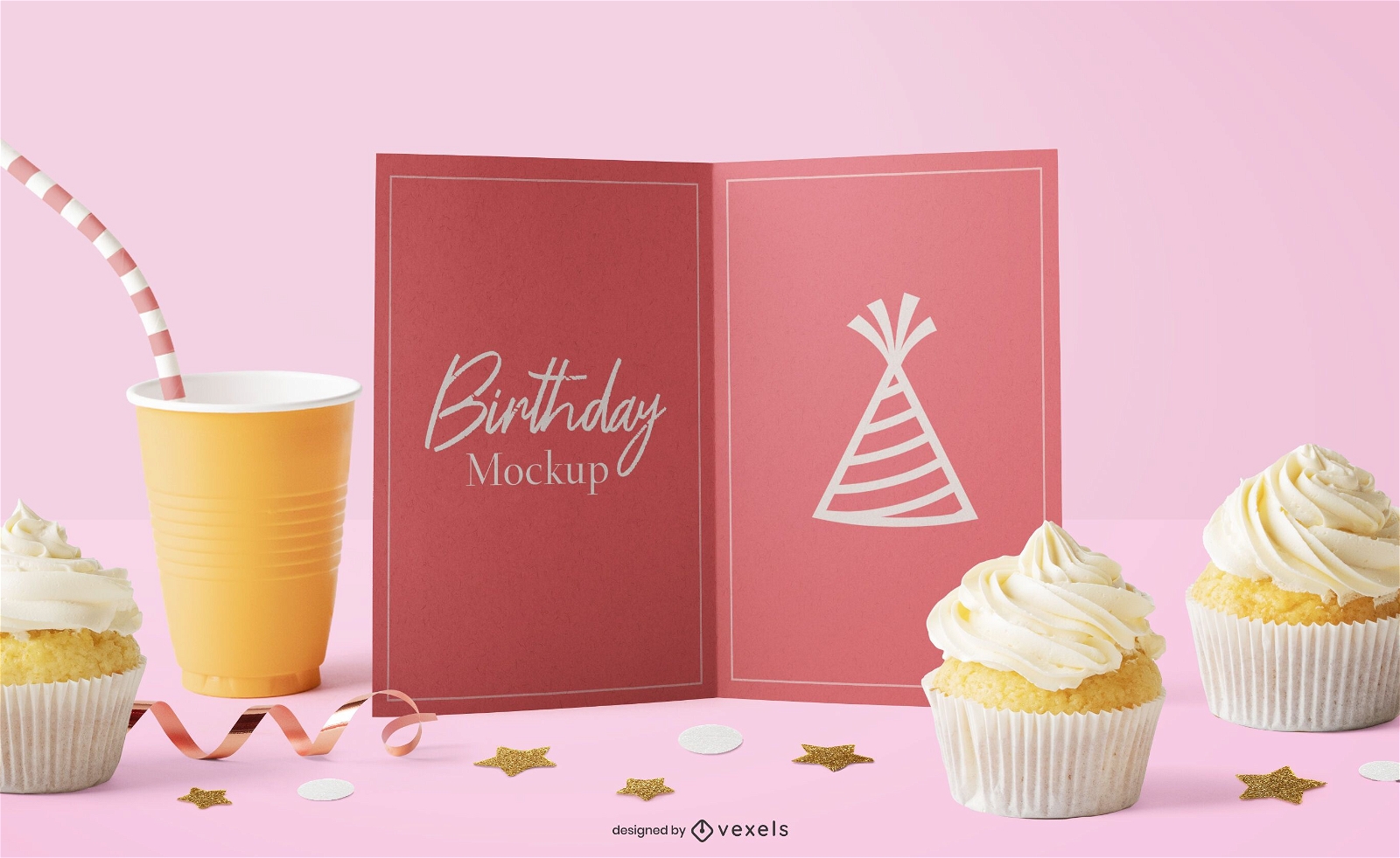 Composición de maqueta de muffins de tarjeta de cumpleaños