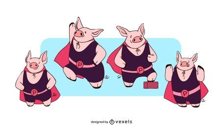 Pig superhero character set