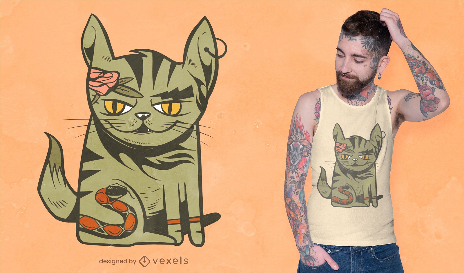 Design de t-shirt de gato tatuado