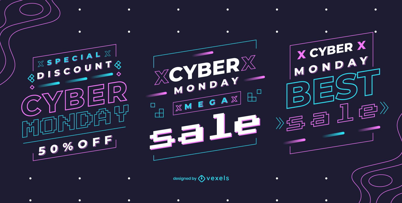 Conjunto de insignias de neón de cyber monday