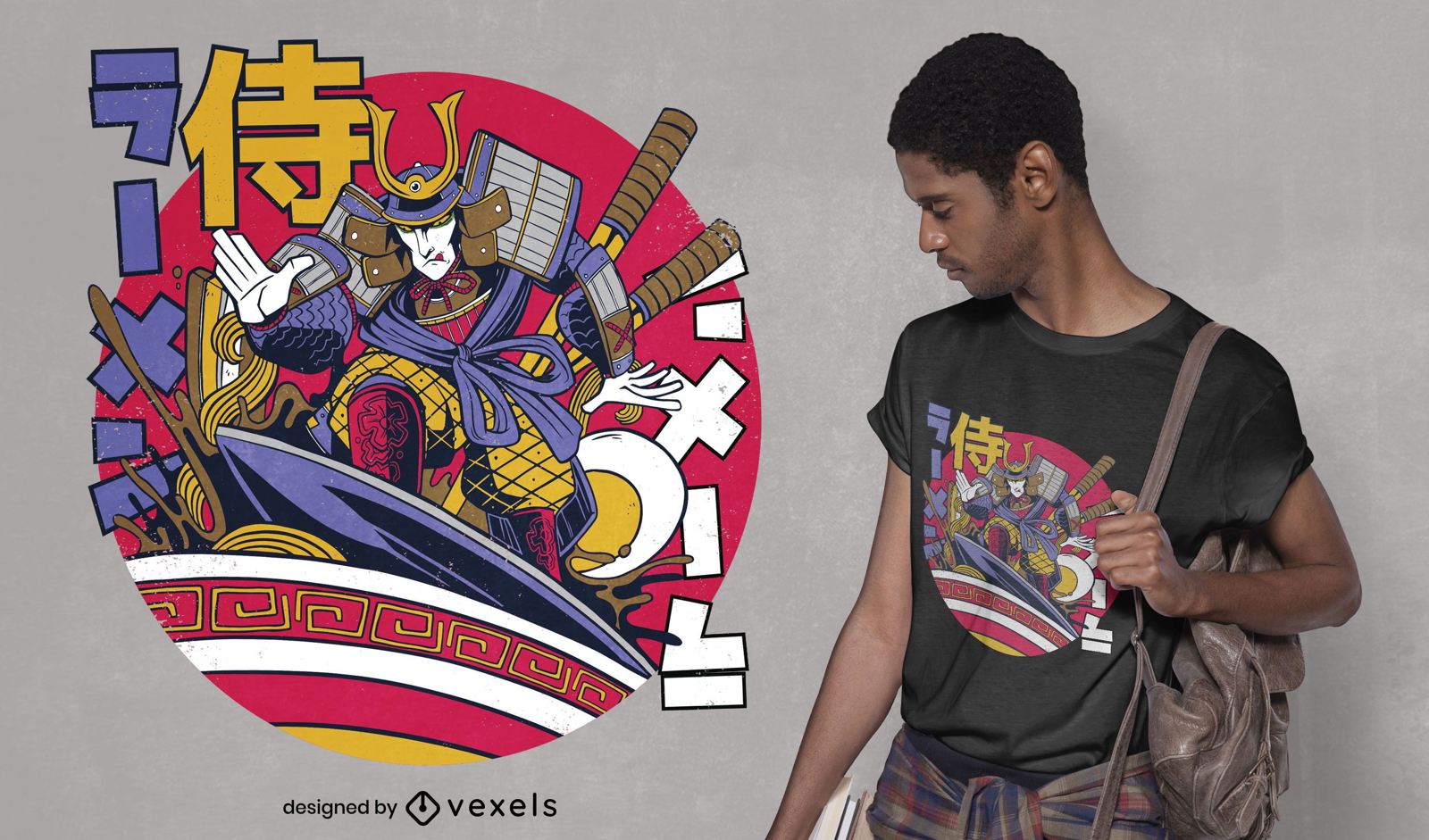 Surfing ramen samurai t-shirt design