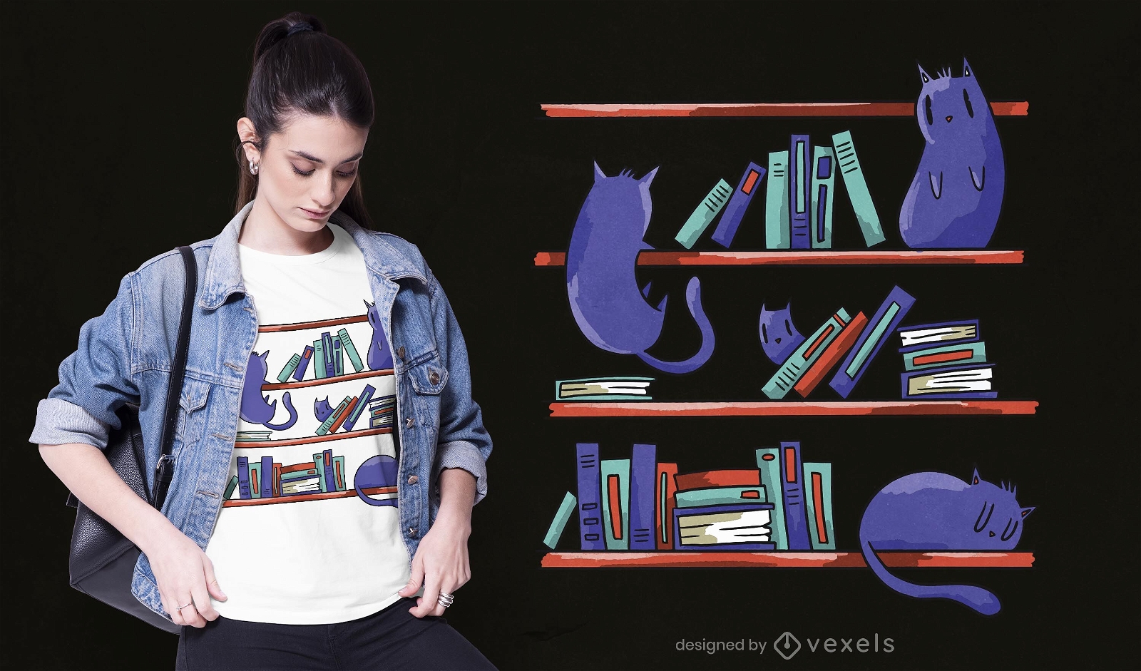 Diseño de camiseta de gatos de biblioteca.
