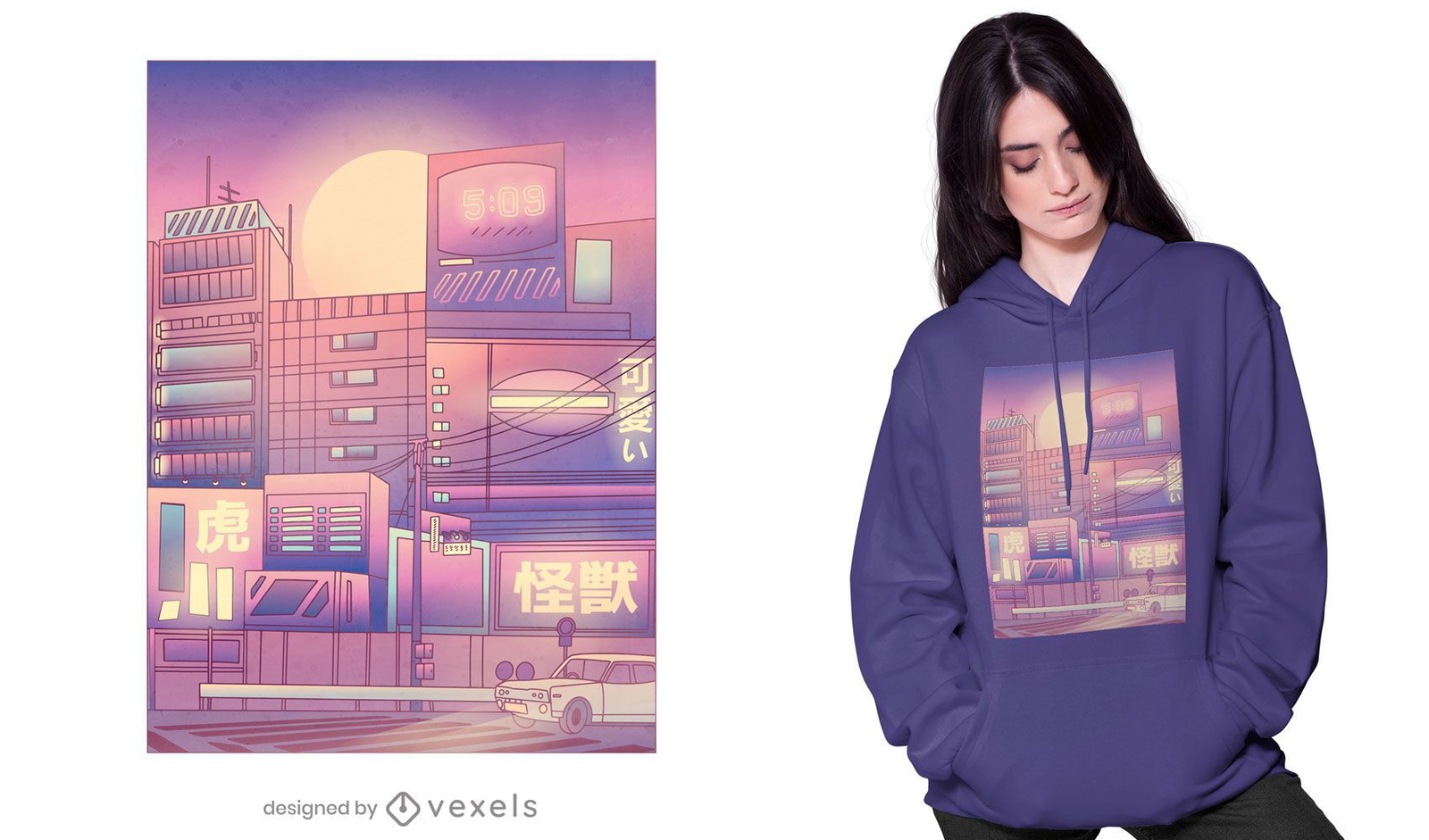 Design de t-shirt da cidade do Japão vaporwave monocromático