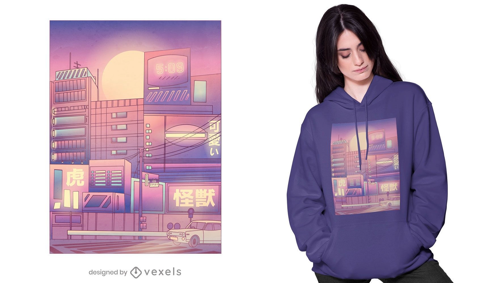 Einfarbiges Dampfwellen-T-Shirt mit Japan-City-Design