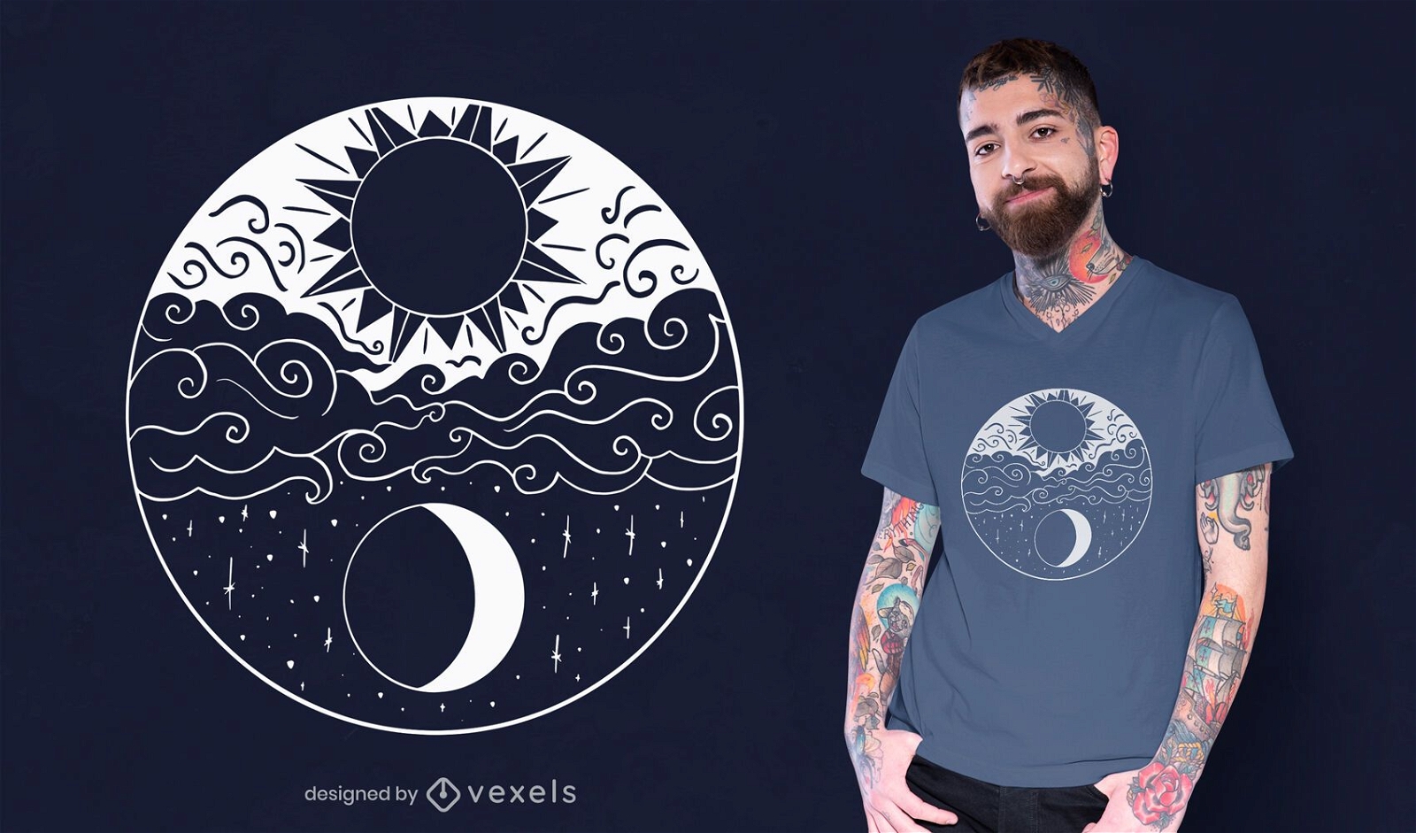 Diseño artístico de camiseta sol y luna.