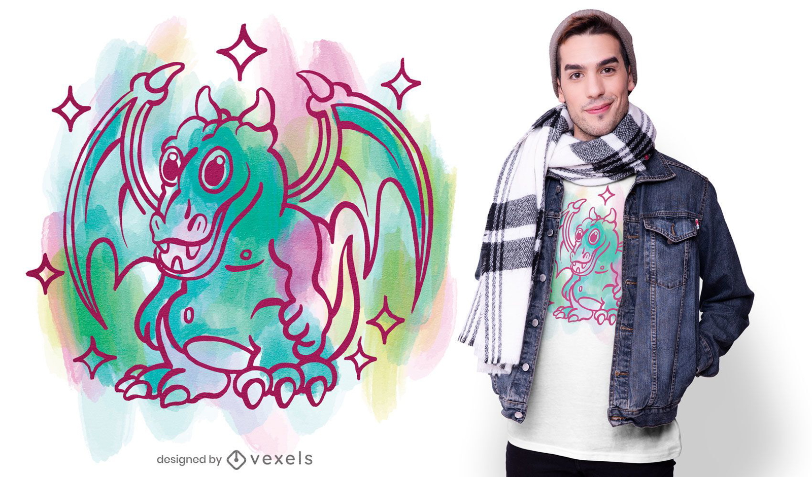 Desenho de camiseta de dragão em aquarela
