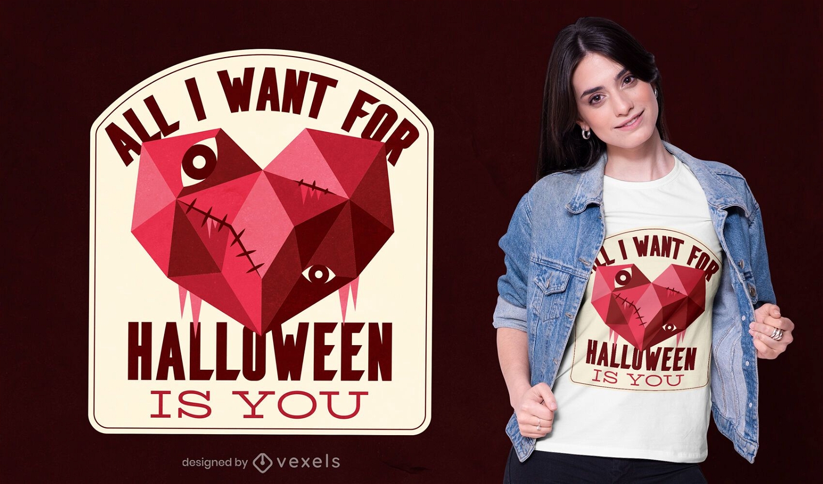 Halloween-T-Shirt-Design mit niedrigem Polyherz