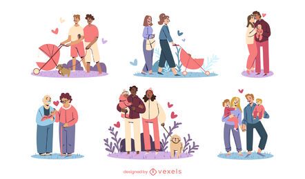 Conjunto de diseño de ilustración de familias Conjunto de diseño de ilustración de familias