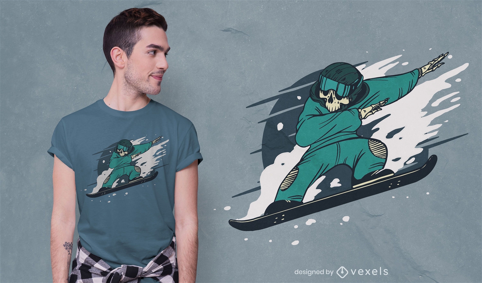 Diseño de camiseta de esqueleto de snowboard.