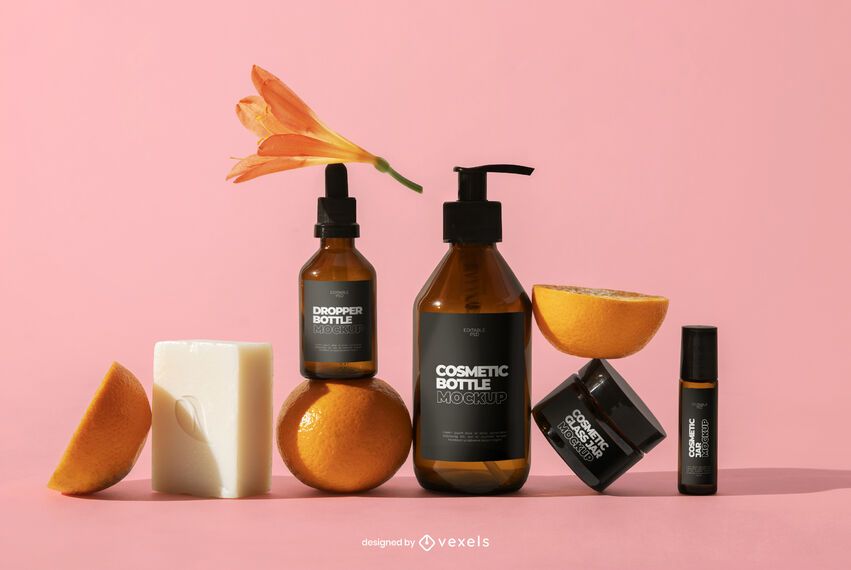 Composição de maquete psd de frascos de cosméticos Composição de maquete psd de frascos de cosméticos