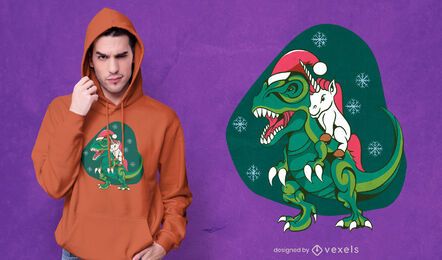 Design de camiseta de dinossauro montando unicórnio