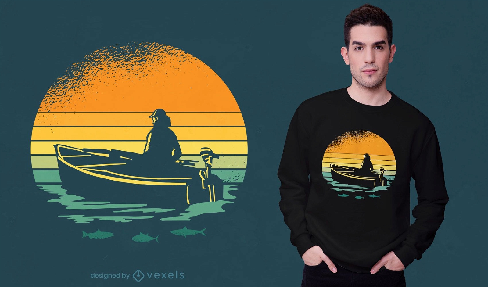 Design retrô de t-shirt para barco ao pôr do sol