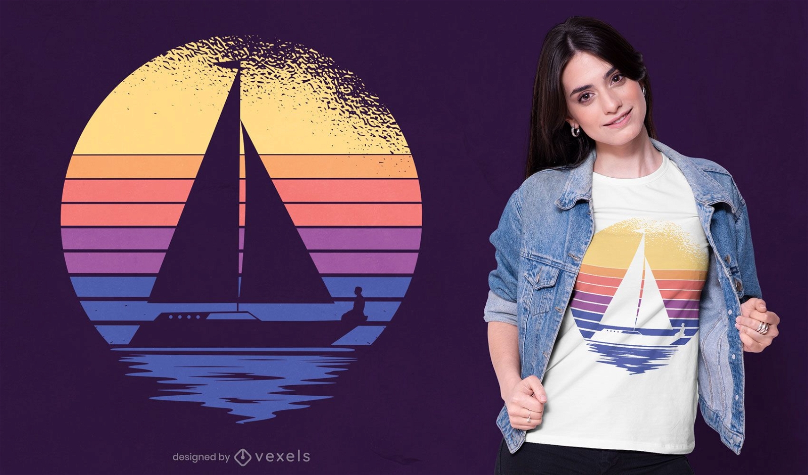 Retro Sonnenuntergang Segelboot T-Shirt Design