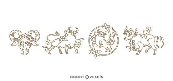 Year of the ox floral stroke set