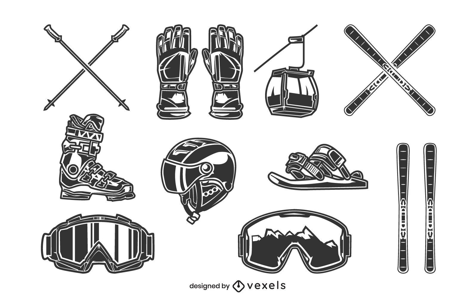 Conjunto de equipamento de esqui preto e branco
