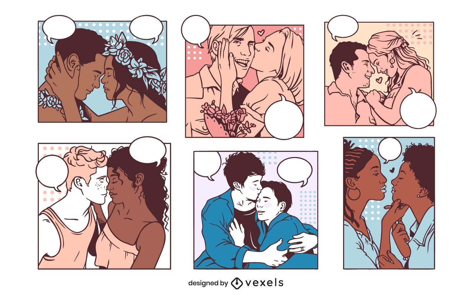 Conjunto de painéis de quadrinhos de casal vintage