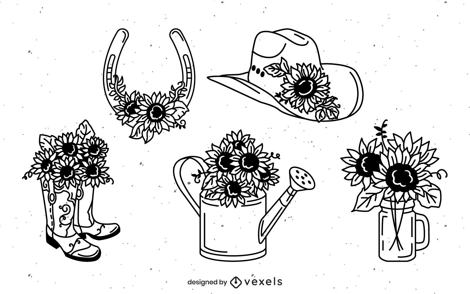 Country sunflowers hand drawn set