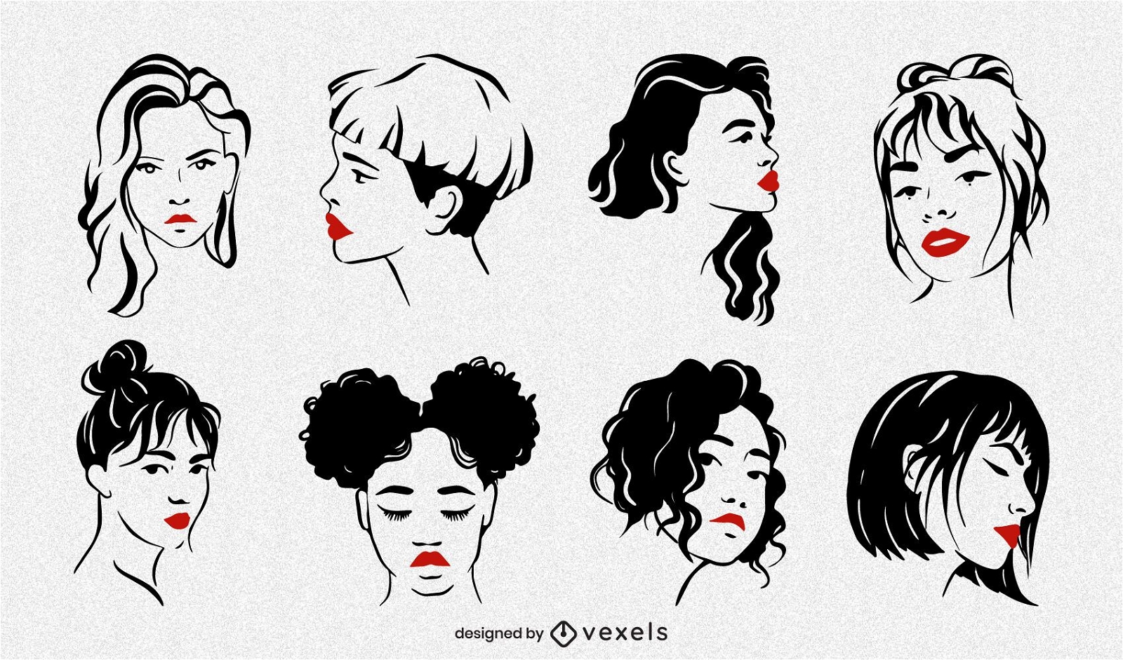 Conjunto de ilustração de rostos femininos