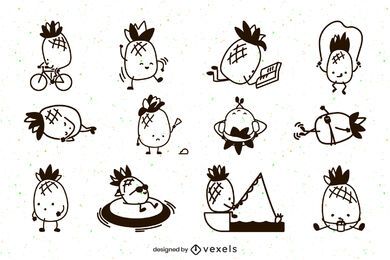 Cute pineapples stroke character set Cute pineapples stroke character set