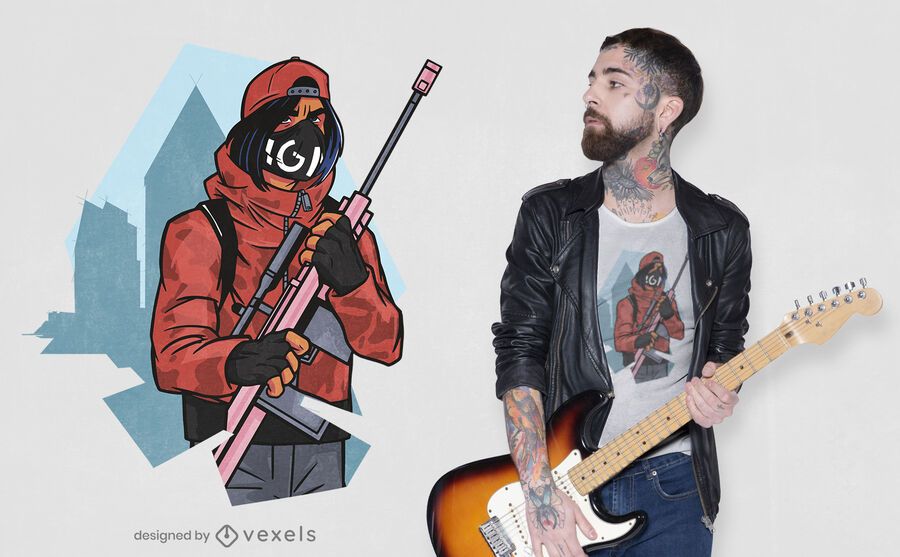 Diseño de camiseta de personaje de rifle. Diseño de camiseta de personaje de rifle.