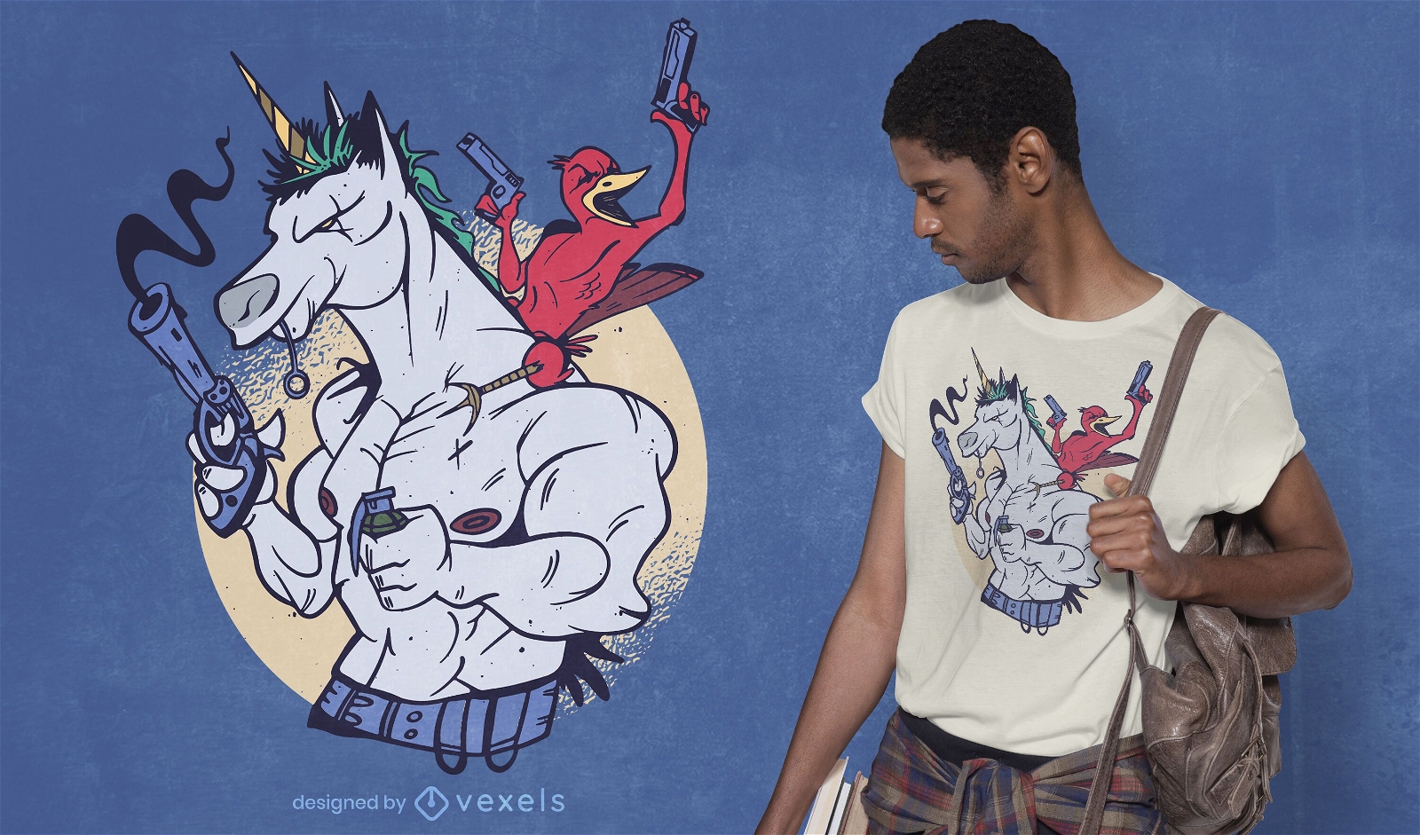 Muscular unicorn and bird t-shirt design