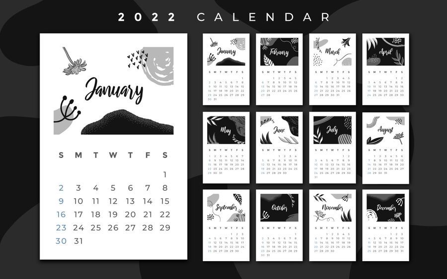 Diseño de calendario 2022 en blanco y negro Diseño de calendario 2022 en blanco y negro