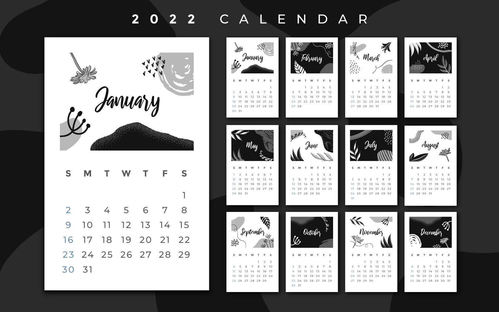 Diseño de calendario 2022 en blanco y negro