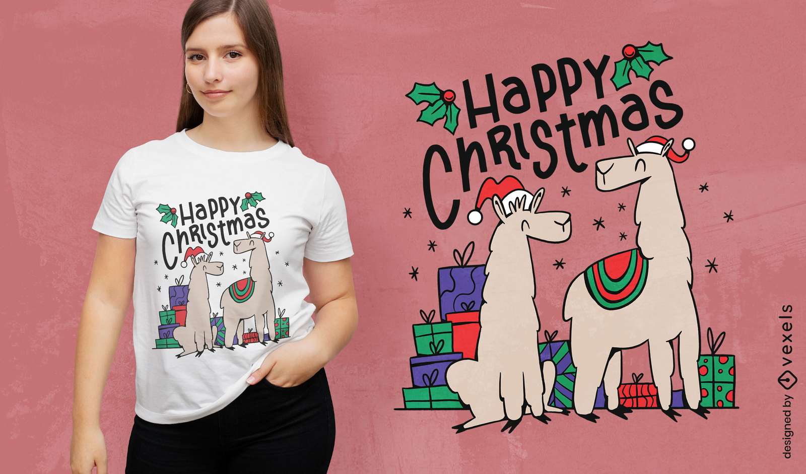 Diseño de camiseta de alpacas navideñas.