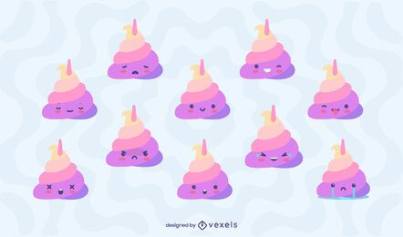 Conjunto plano emoji caca de unicornio