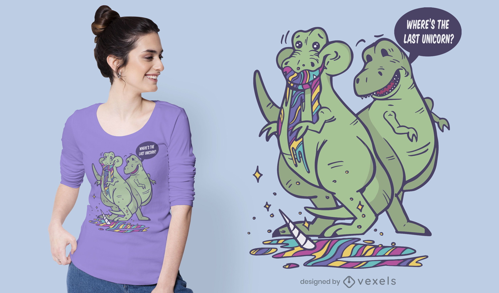 Dise?o de camiseta t-rex comiendo unicornio