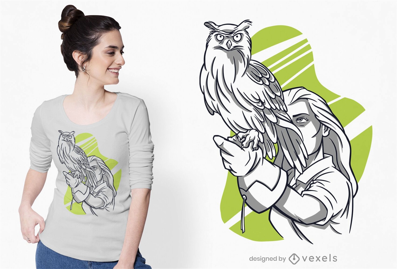 Mulher com design de t-shirt de coruja