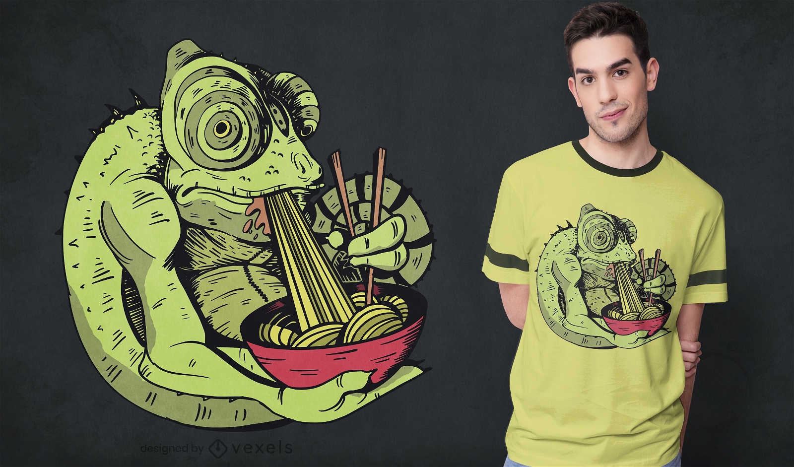Design de camiseta Camaleão comendo ramen