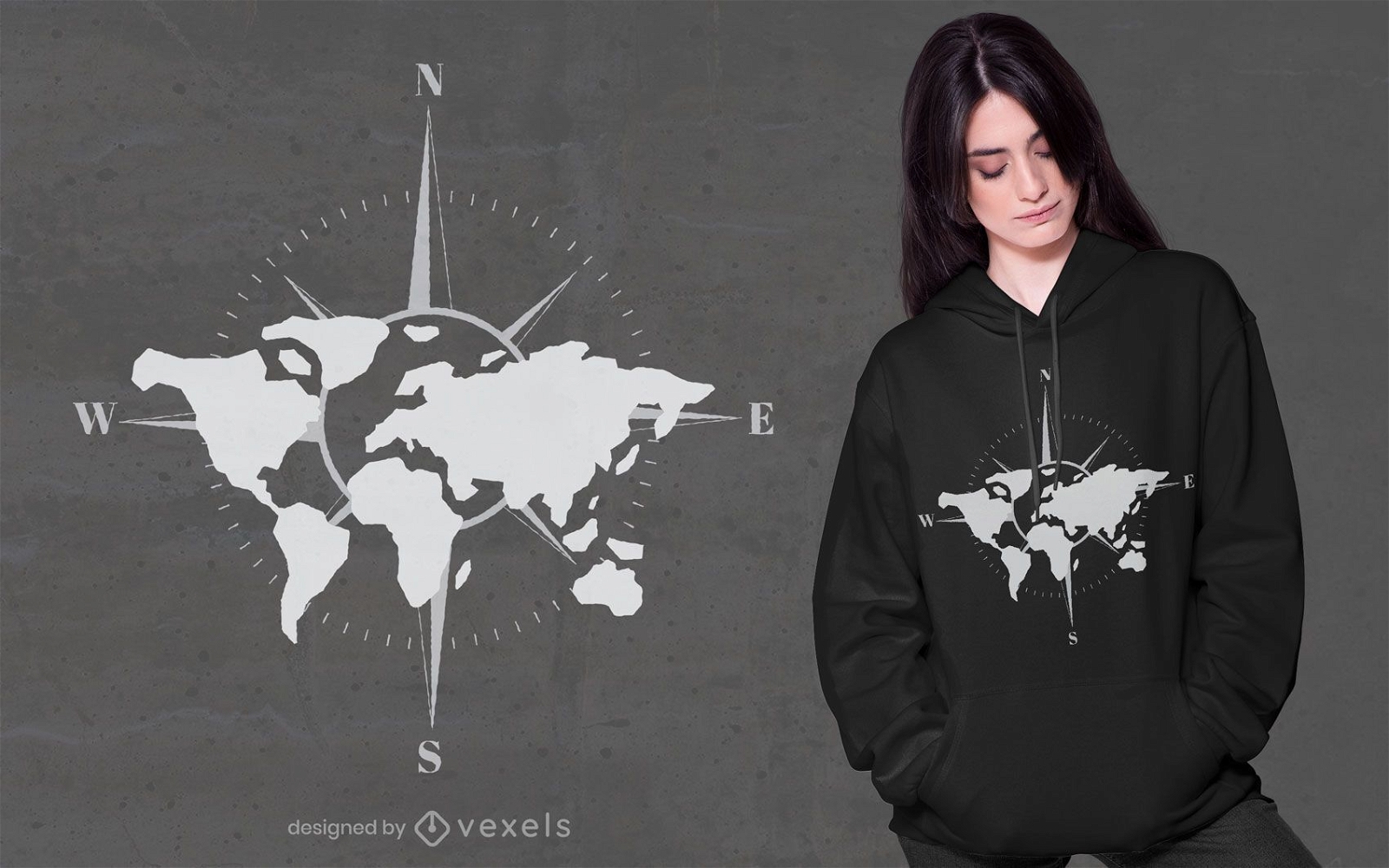 Design de camiseta com bússola de mapa mundial