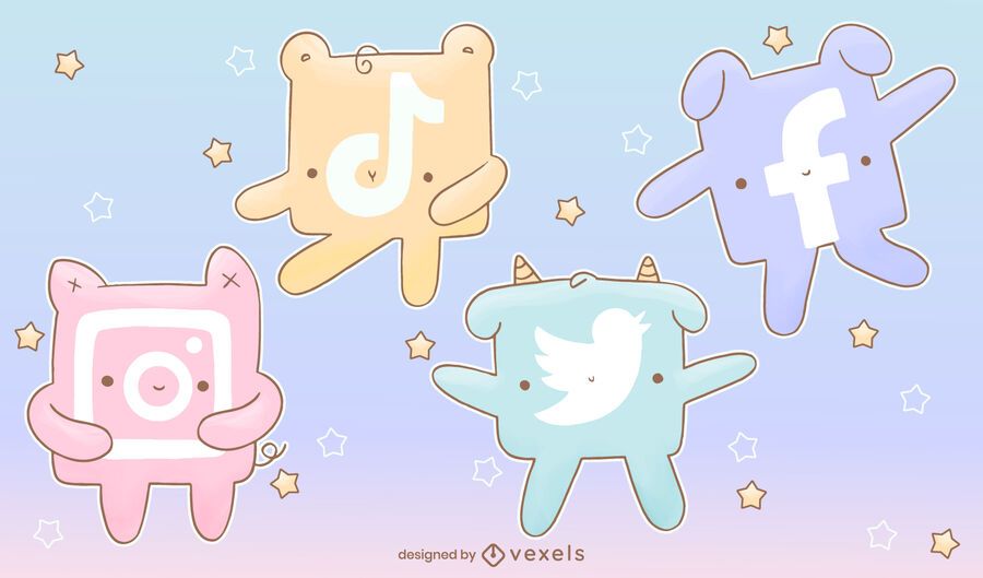 Conjunto de ícones de mídia social Kawaii Conjunto de ícones de mídia social Kawaii