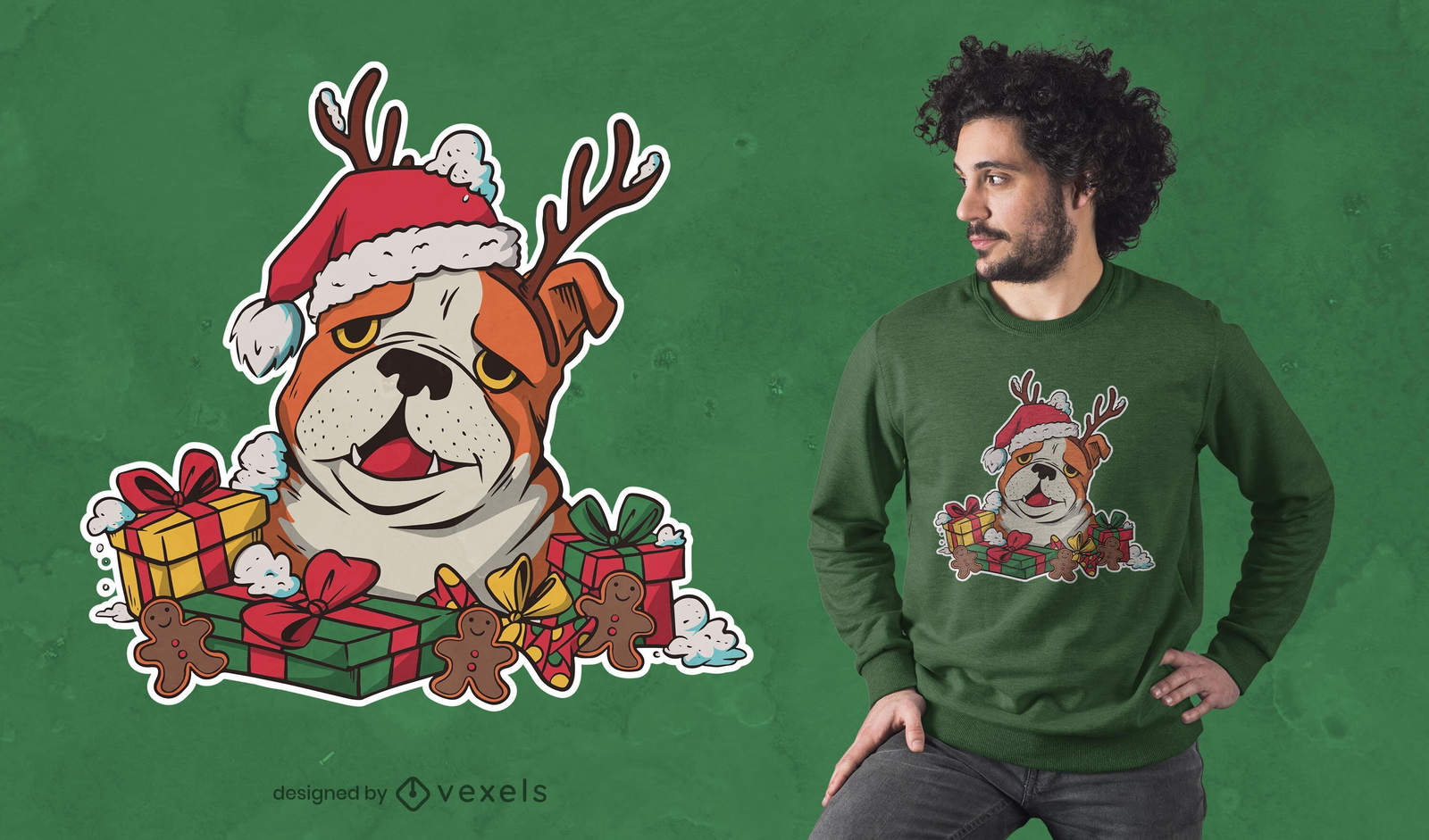 Diseño de camiseta divertida animal bulldog de navidad