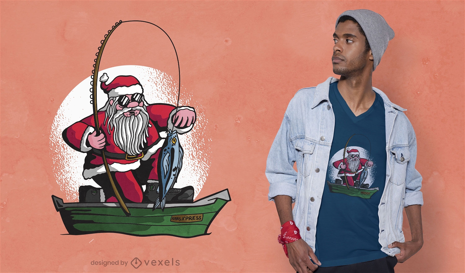 Design de camiseta do Papai Noel pescando
