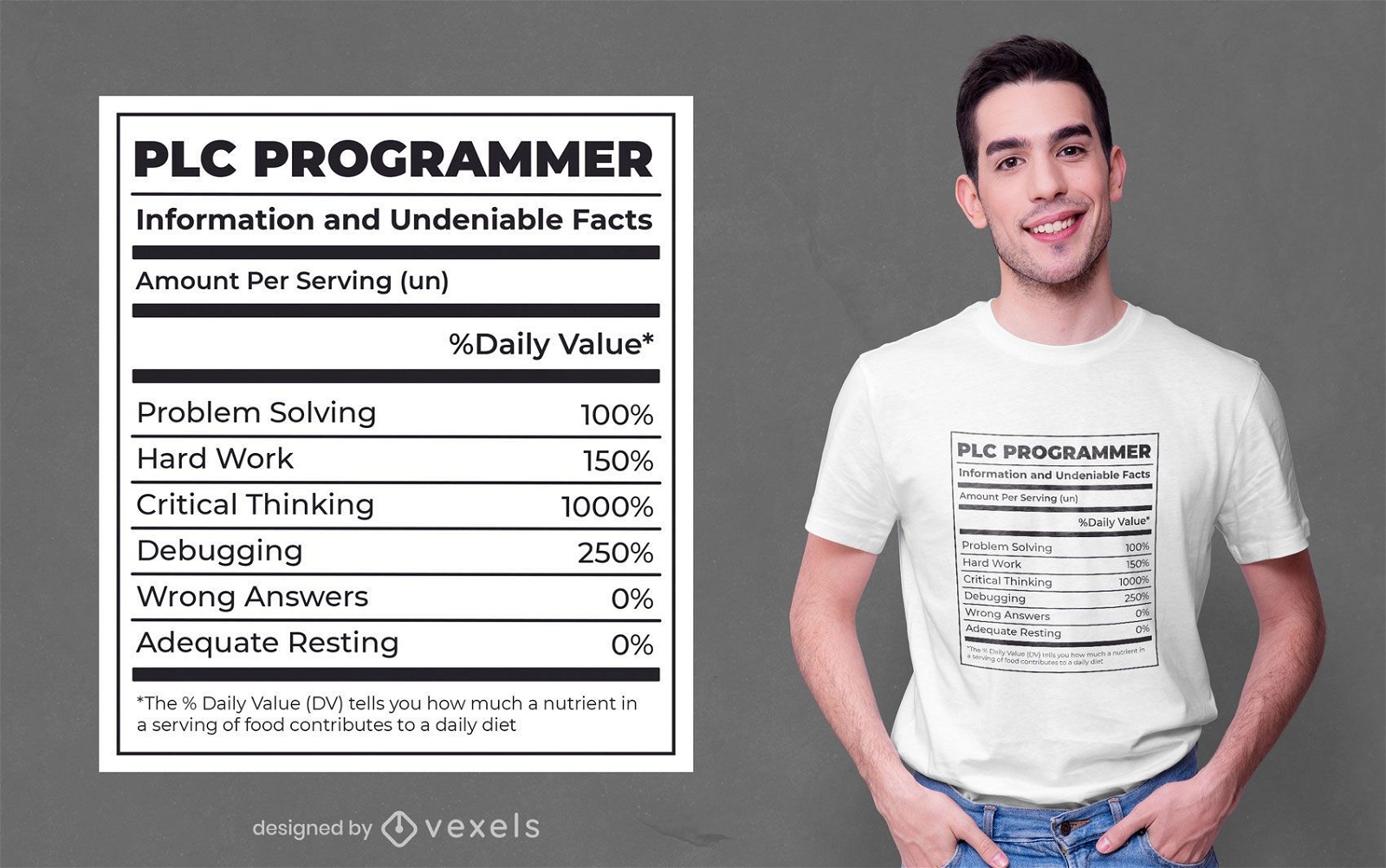 Design de t-shirt do r?tulo de fatos nutricionais para programador