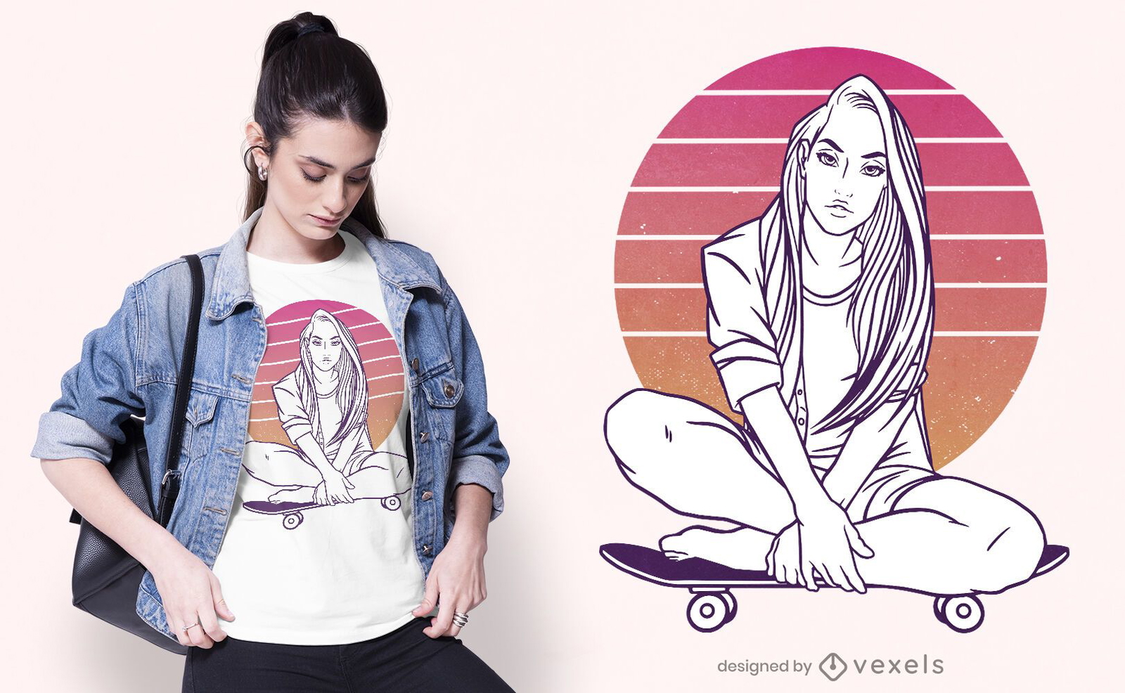 Skater girl sunset t-shirt design