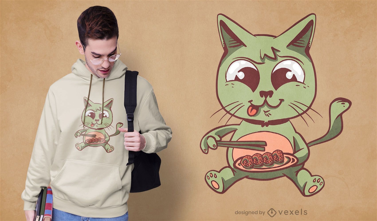 Gato de dibujos animados comiendo dise?o de camiseta de sushi