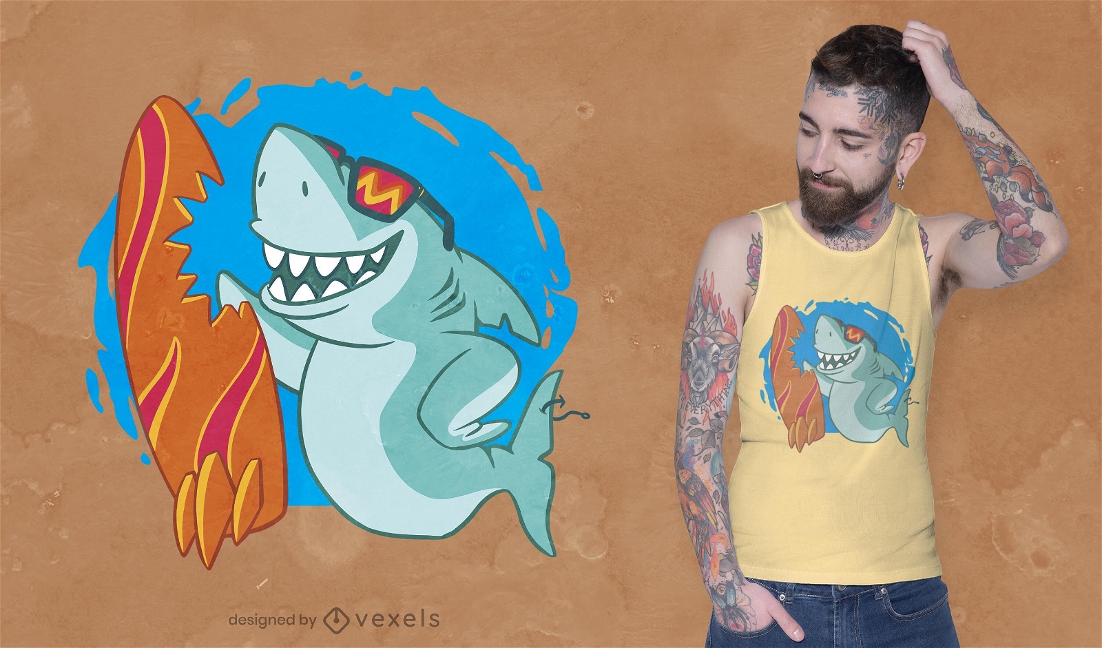 Design de camiseta de tubarão surfando