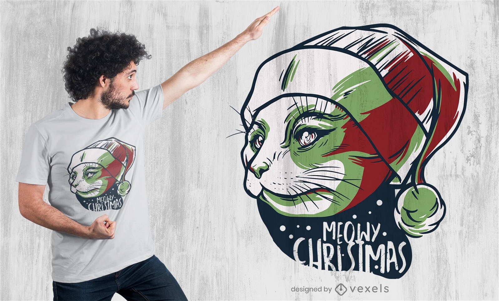 Meow-Katze mit Weihnachtshut-T-Shirt-Design