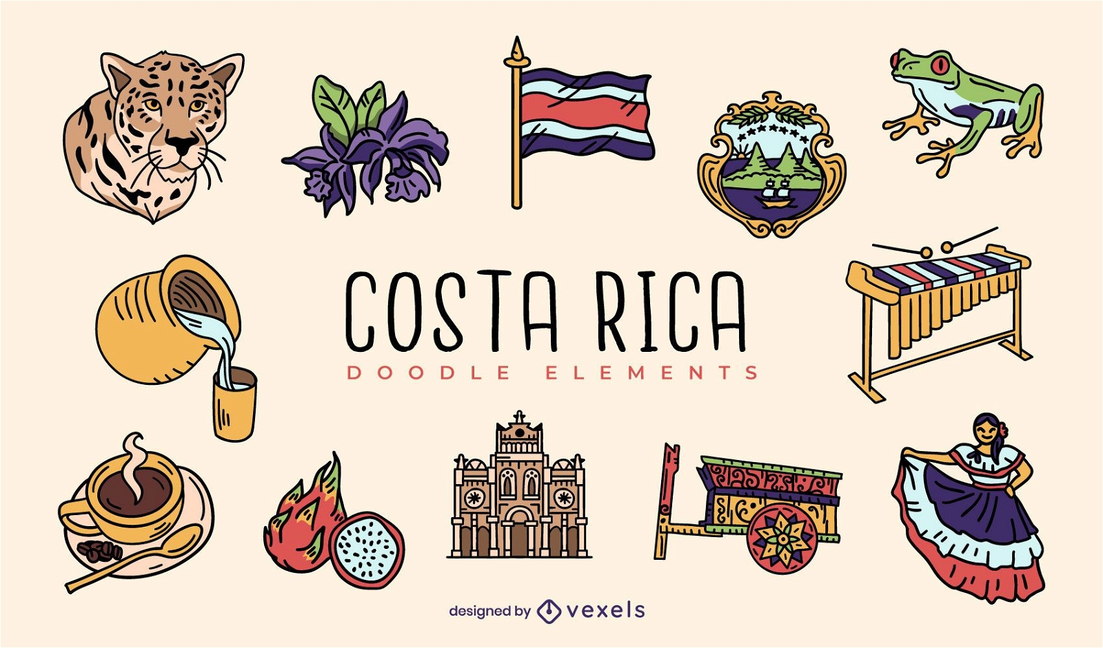 Costa rica doodle elements set